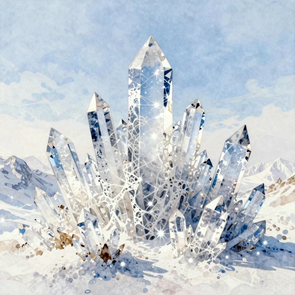 High, jagged crystal mountains pierce a clear, pale sky in a...