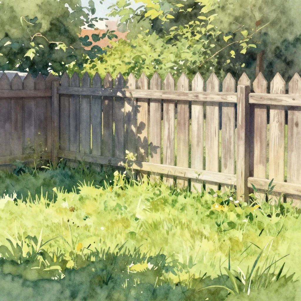 Vibrant watercolor painting of a late summer backyard. Soft,...