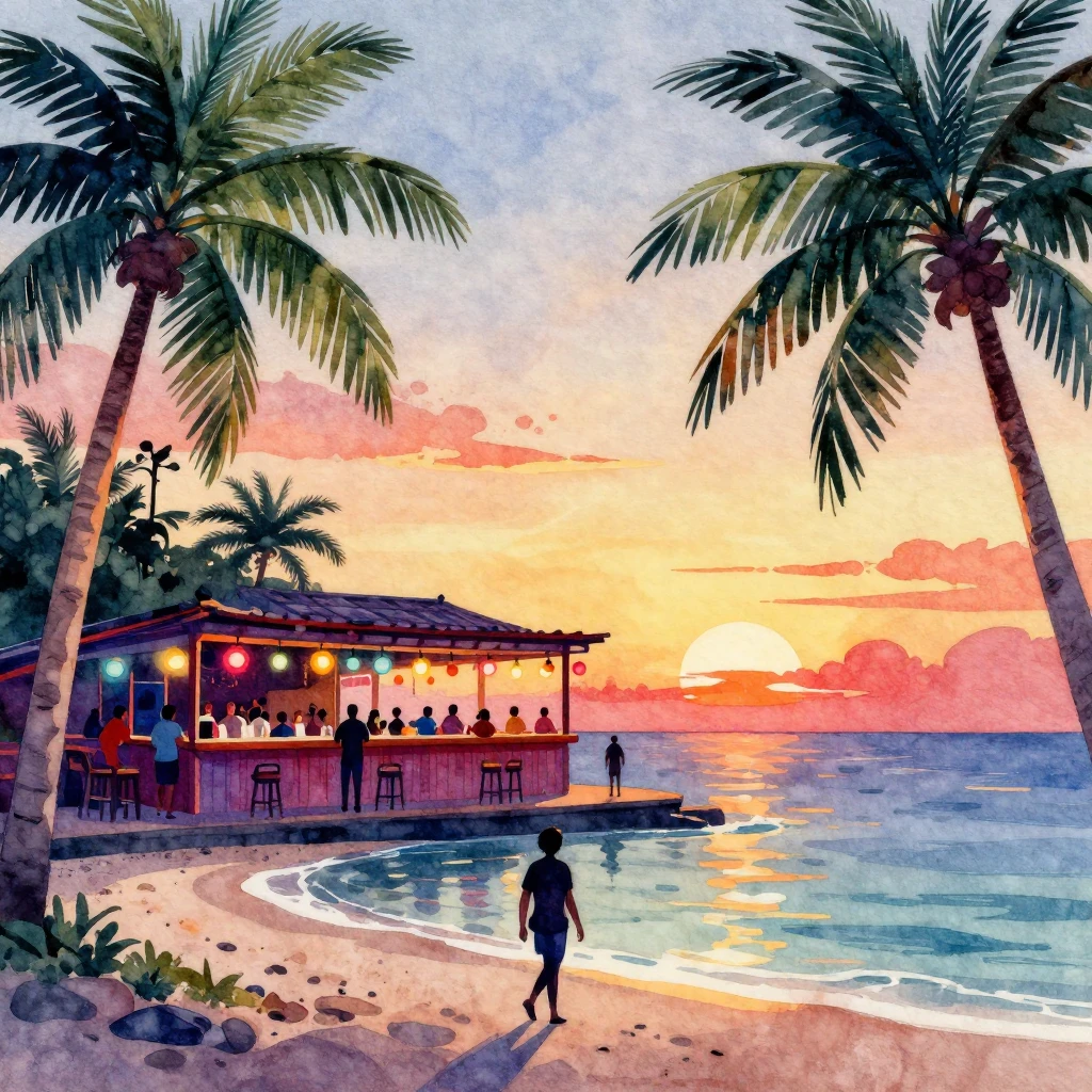 A vibrant watercolor painting of a lively beach bar in the d...