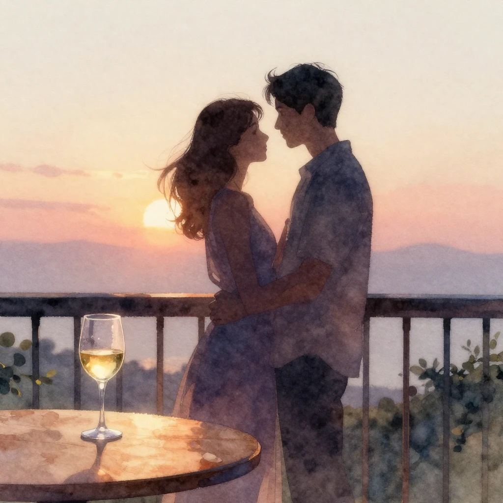 A delicate watercolor painting of two intertwined silhouette...