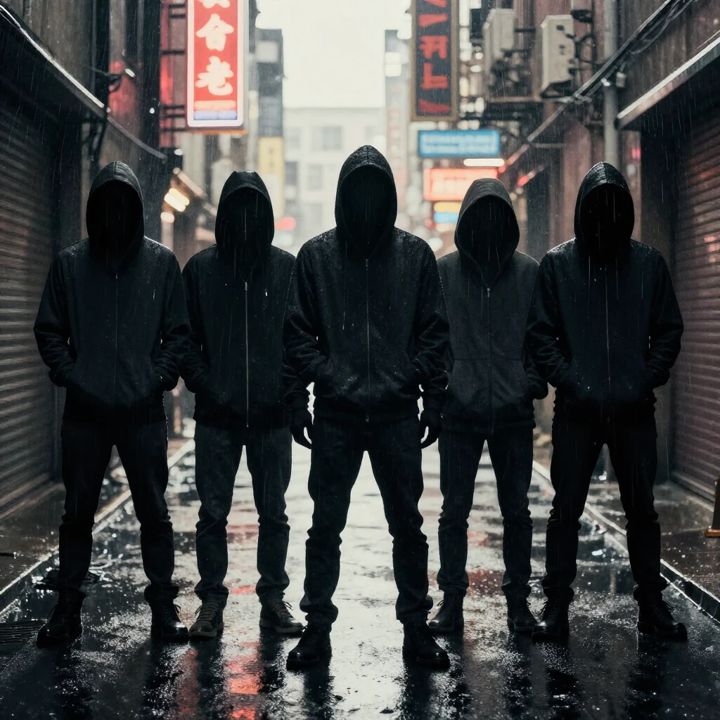 Silhouettes of several people in hoodies standing shoulder t...