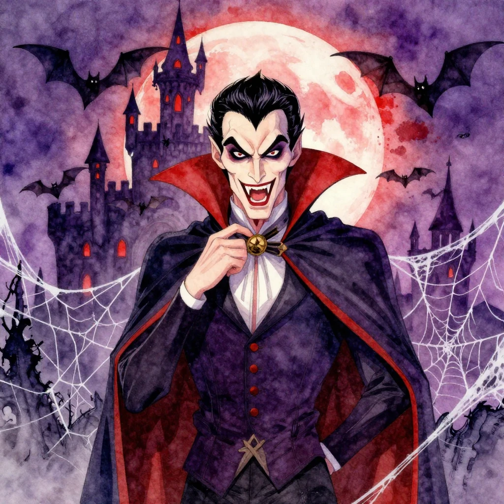 A vibrant watercolor illustration of Funk Dracula, with a st...