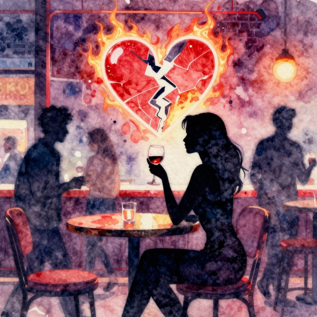 Vibrant watercolor painting of a neon-lit cafe interior. A s...