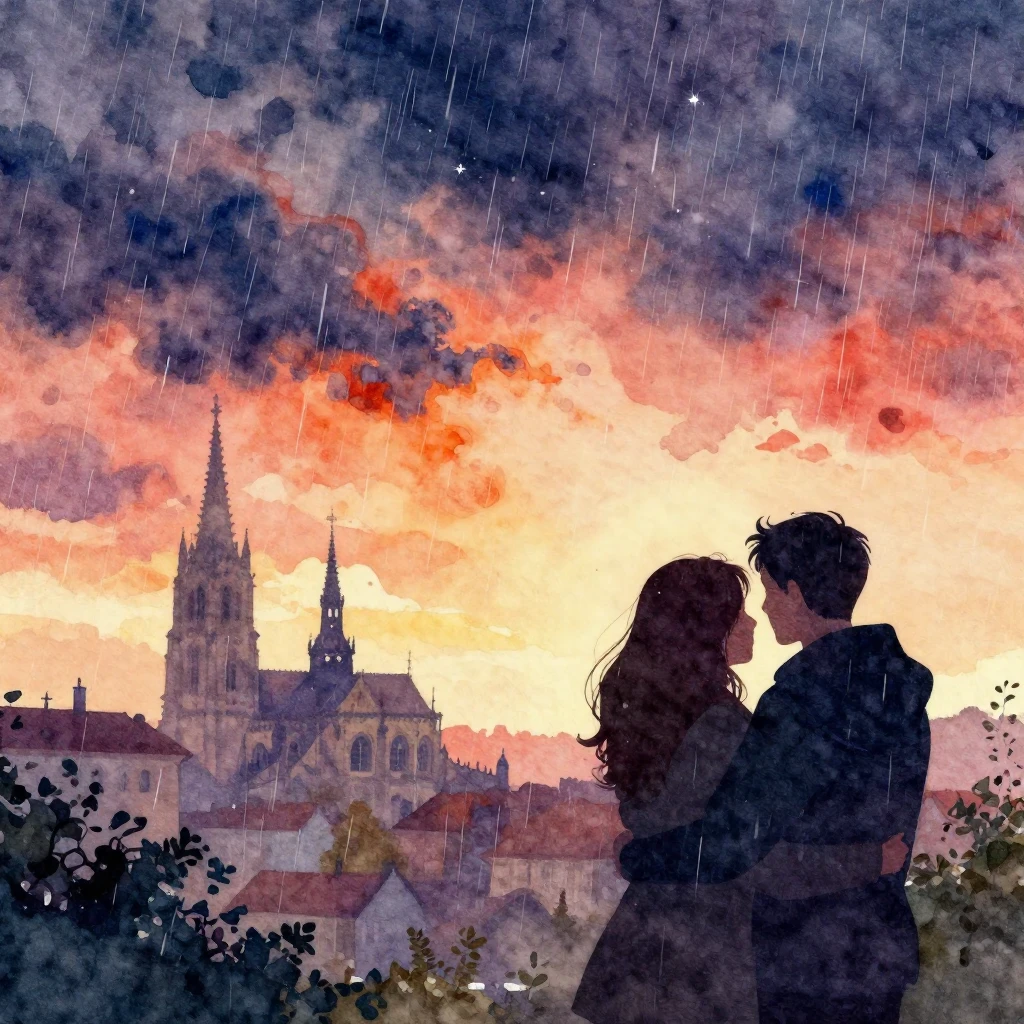 Vibrant watercolor style. Autumn sky, dark clouds, falling r...