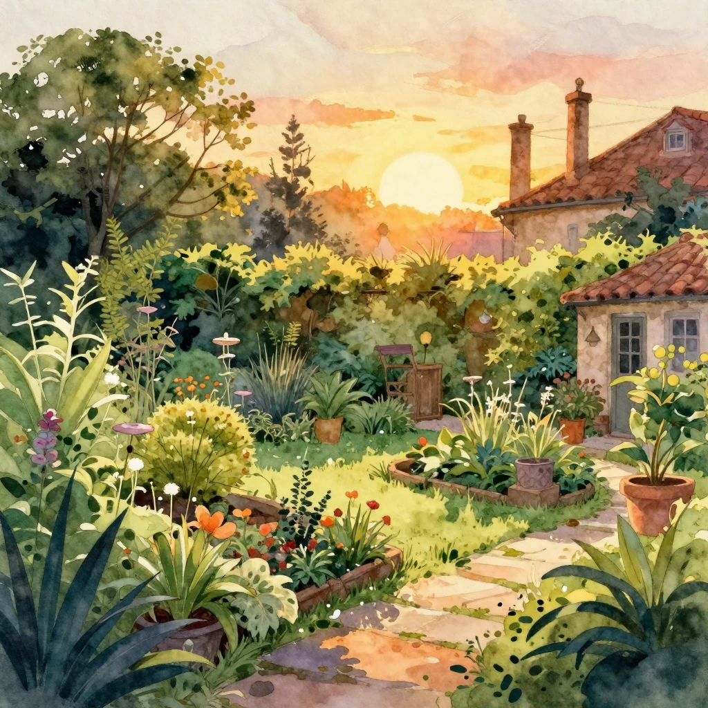 Vibrant watercolor illustration of an old, overgrown garden ...