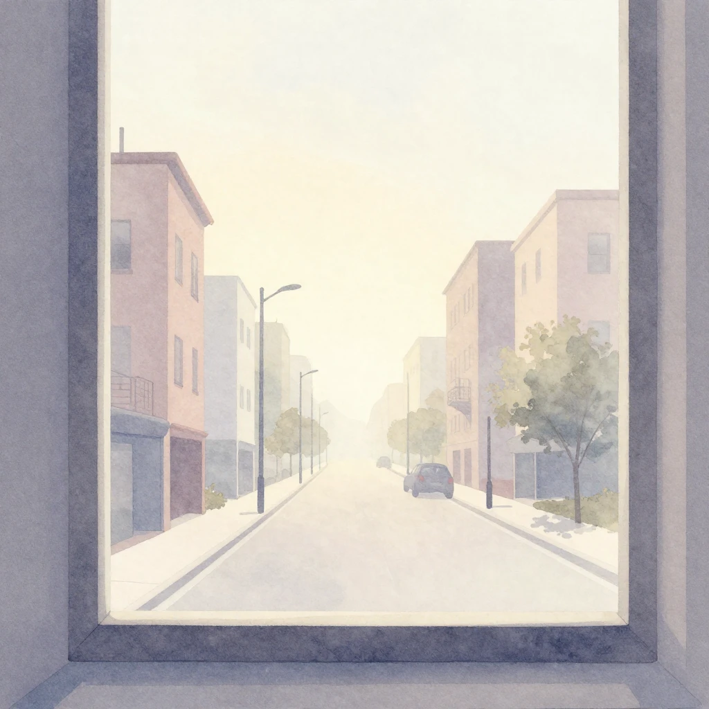 Minimalist watercolor depiction of a quiet city street at da...