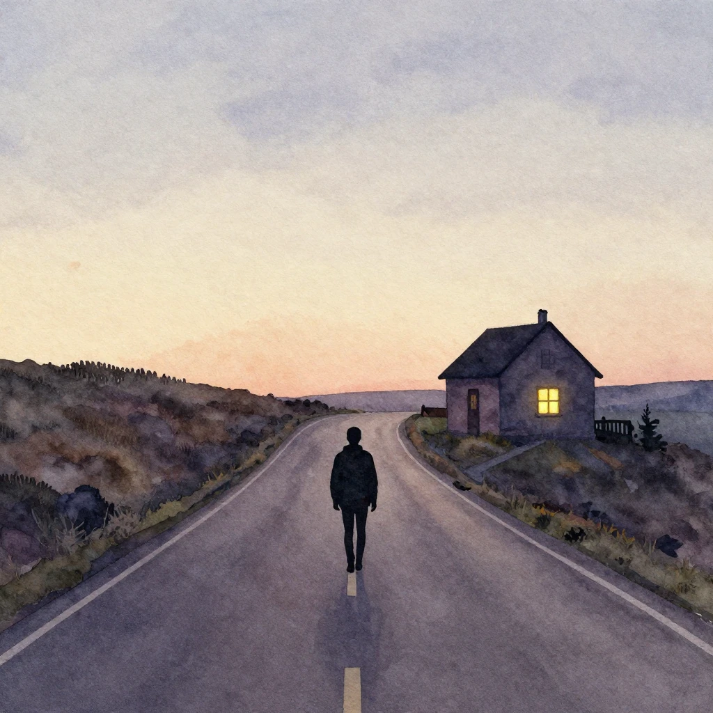 A watercolor painting depicting the silhouette of a solitary...