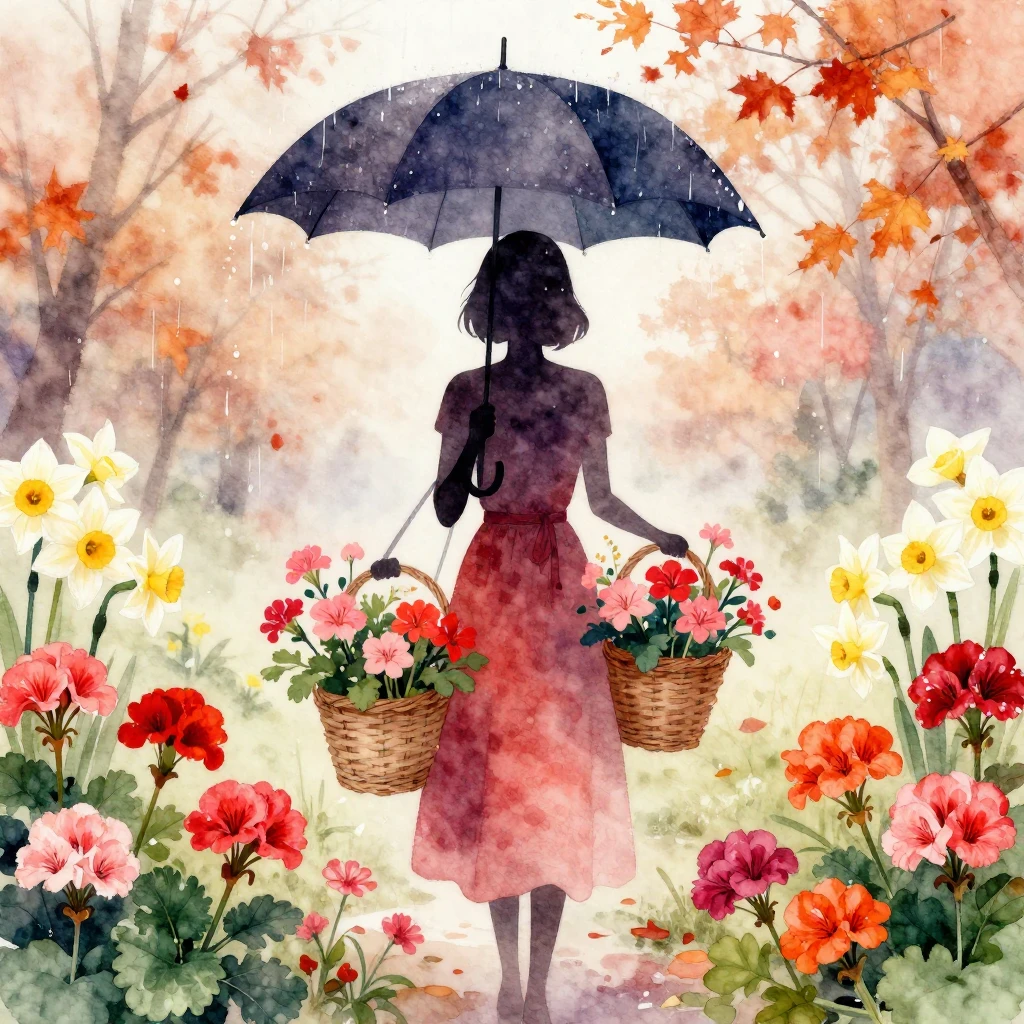 Vibrant watercolor style. A silhouette of a woman holding fl...