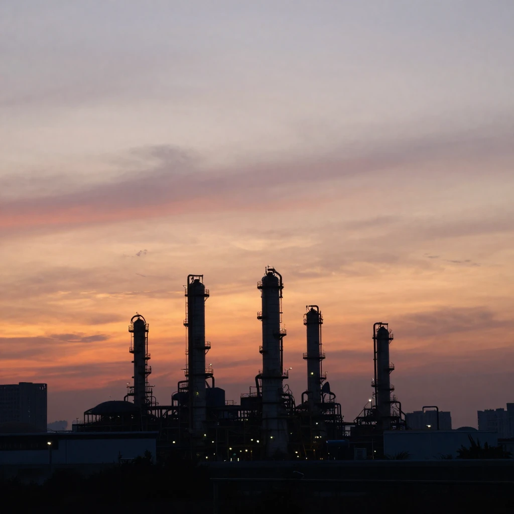 A distant silhouette of a modern industrial city at sunset. ...
