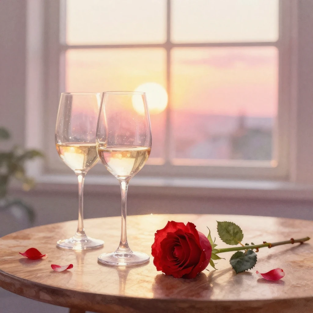 A serene watercolor painting illustrating a romantic anniver...