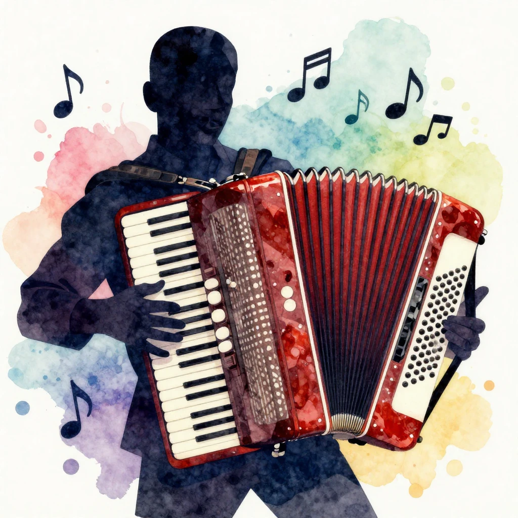 A vibrant watercolor style illustration of a bayan accordion...