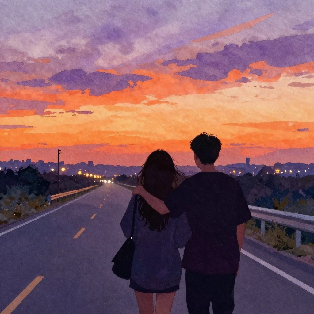 Vibrant watercolor painting of two friends in silhouette, ar...