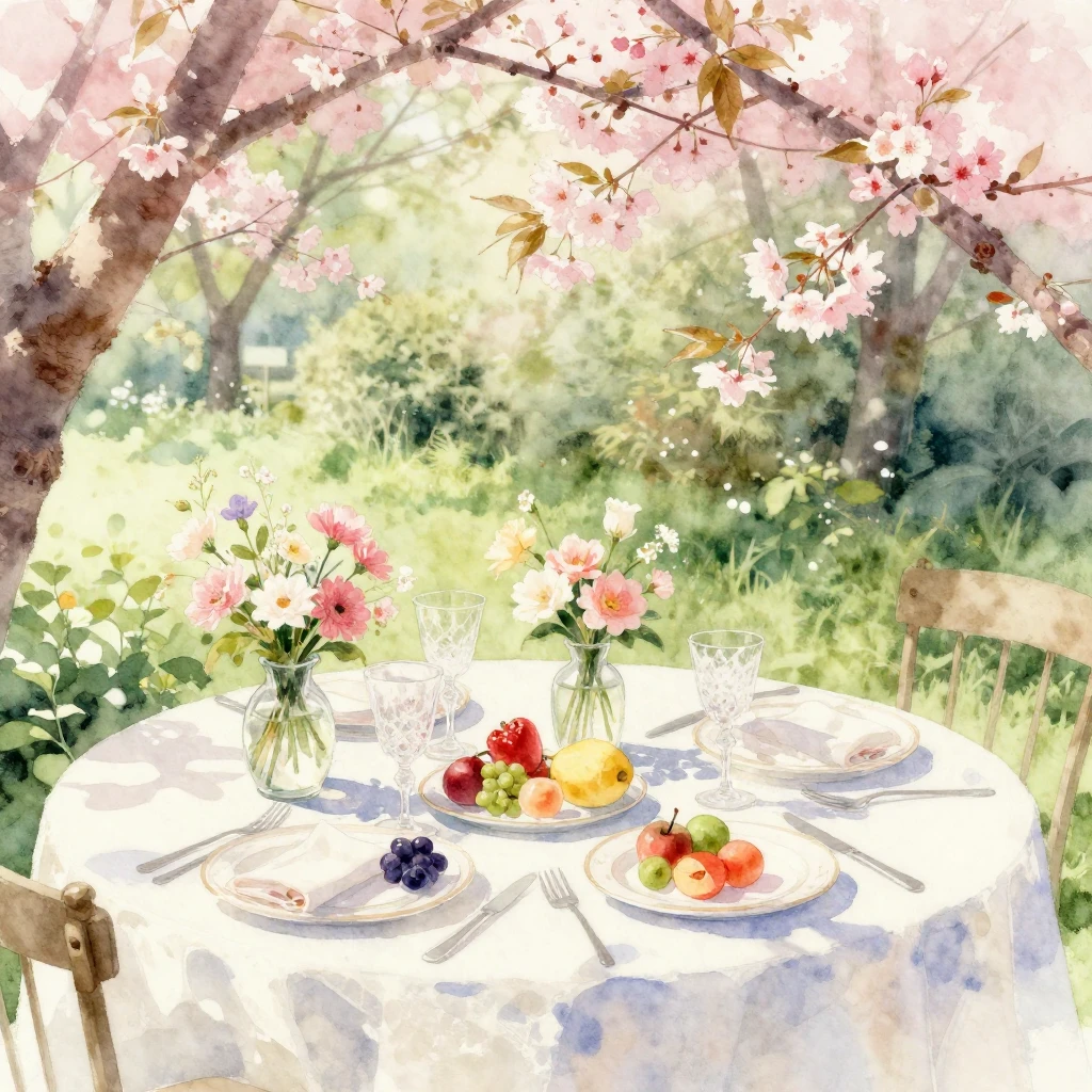 A watercolor painting of an outdoor brunch table in a lush s...