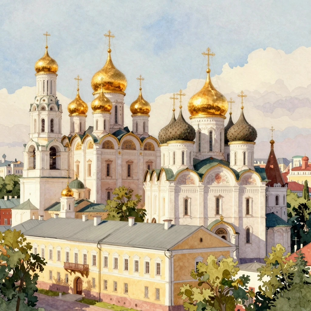 A vibrant watercolor illustration of the city of Yaroslavl, ...