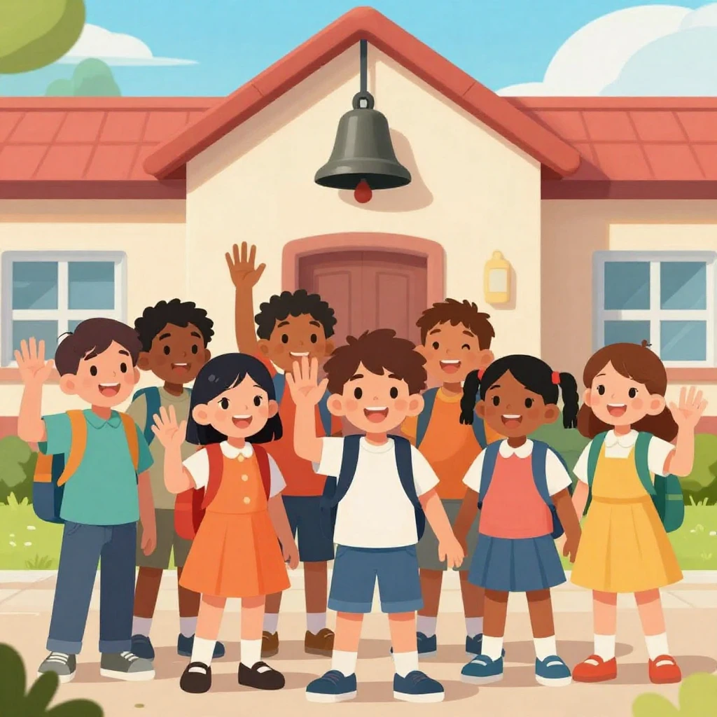 A group of diverse children, smiling and waving goodbye to a...