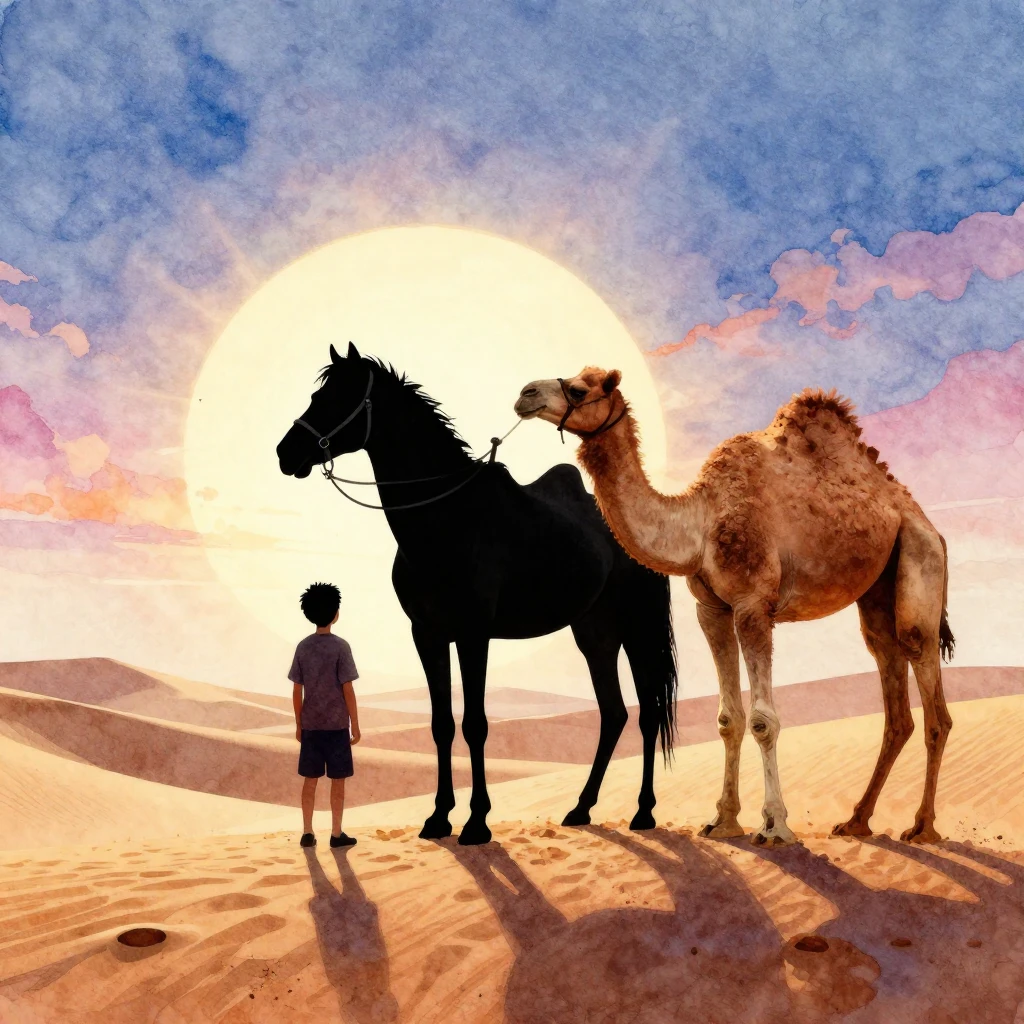 Vibrant watercolor style. A silhouette of a young boy, a bla...