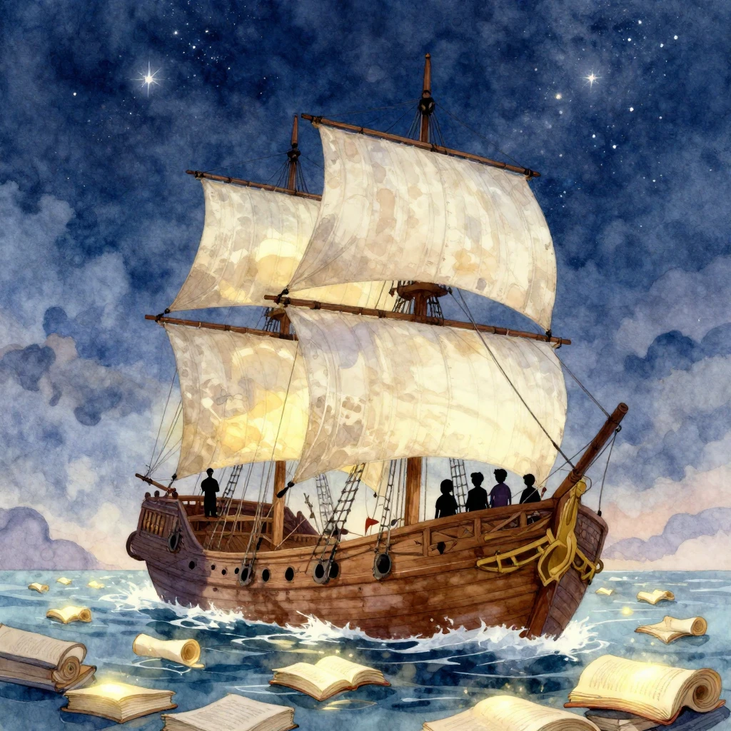 A watercolor illustration of a majestic wooden sailing ship,...