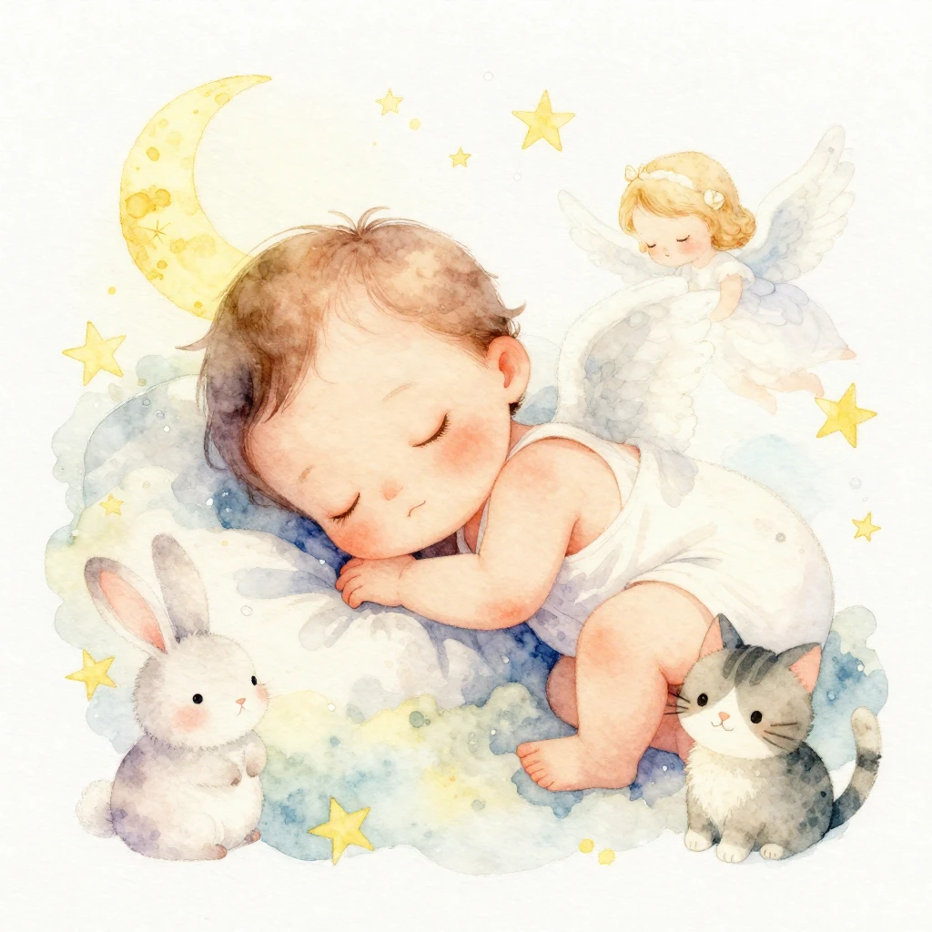 A soft watercolor illustration depicting a sleeping baby gir...