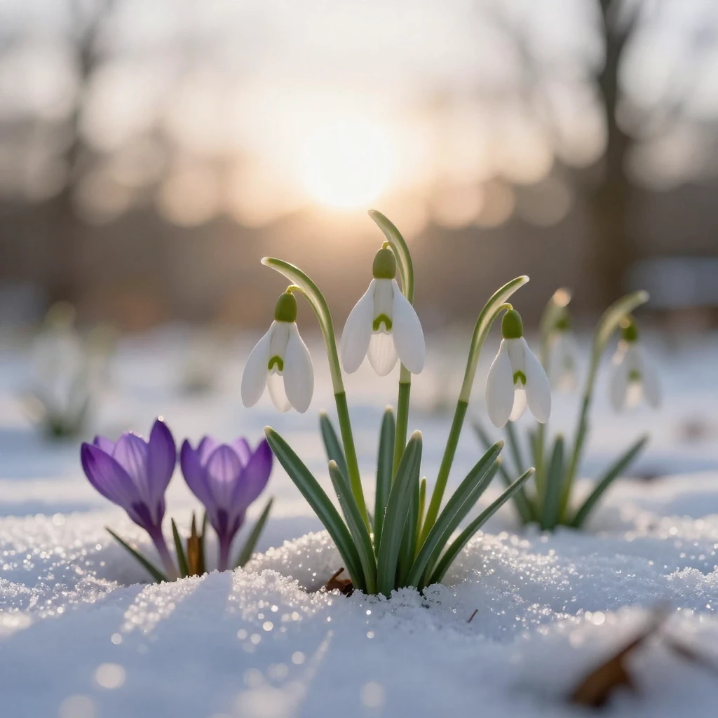 An artistic depiction of early spring, with delicate snowdro...