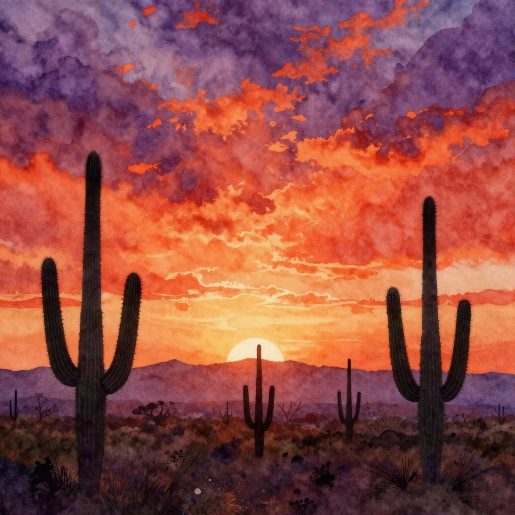A watercolor painting of a dramatic Mexican sunset, with a s...