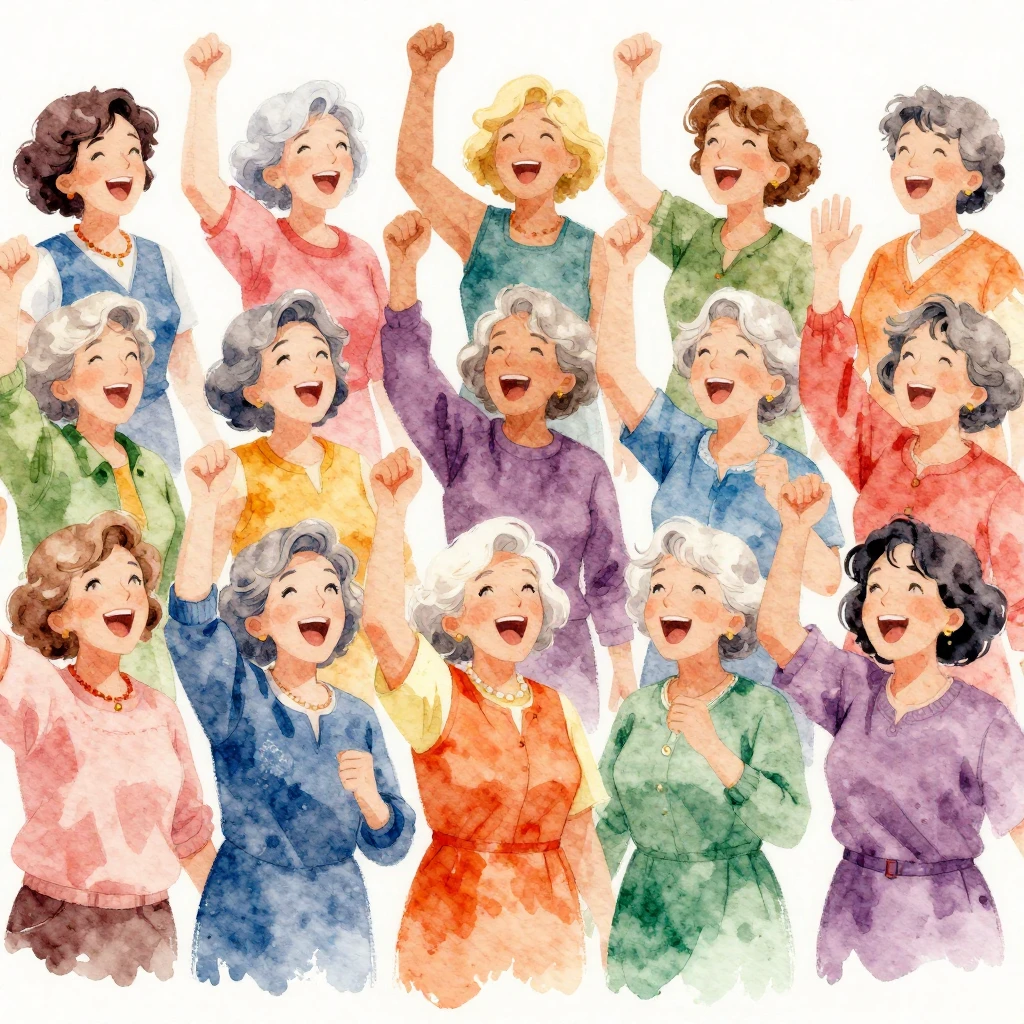 A vibrant watercolor illustration depicting joyful older wom...