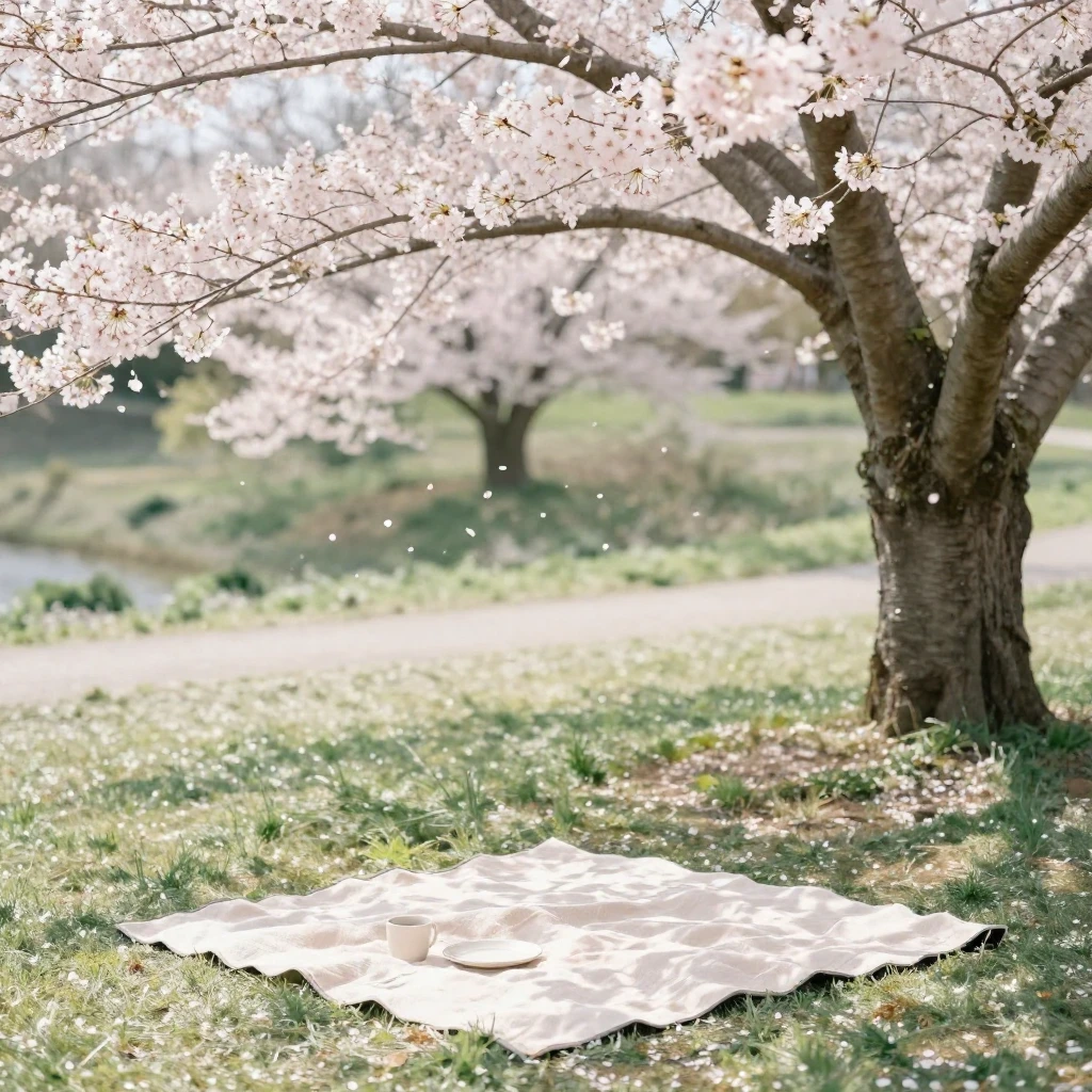 An outdoor scene with a picnic blanket spread under a cherry...