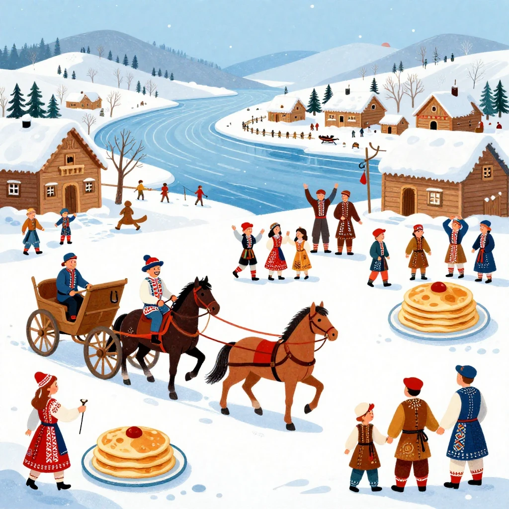 A vibrant folk art illustration of a snowy Cossack village b...