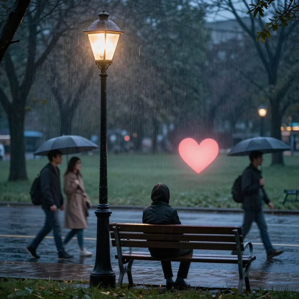 A lone figure sitting on a park bench under a streetlamp, wa...