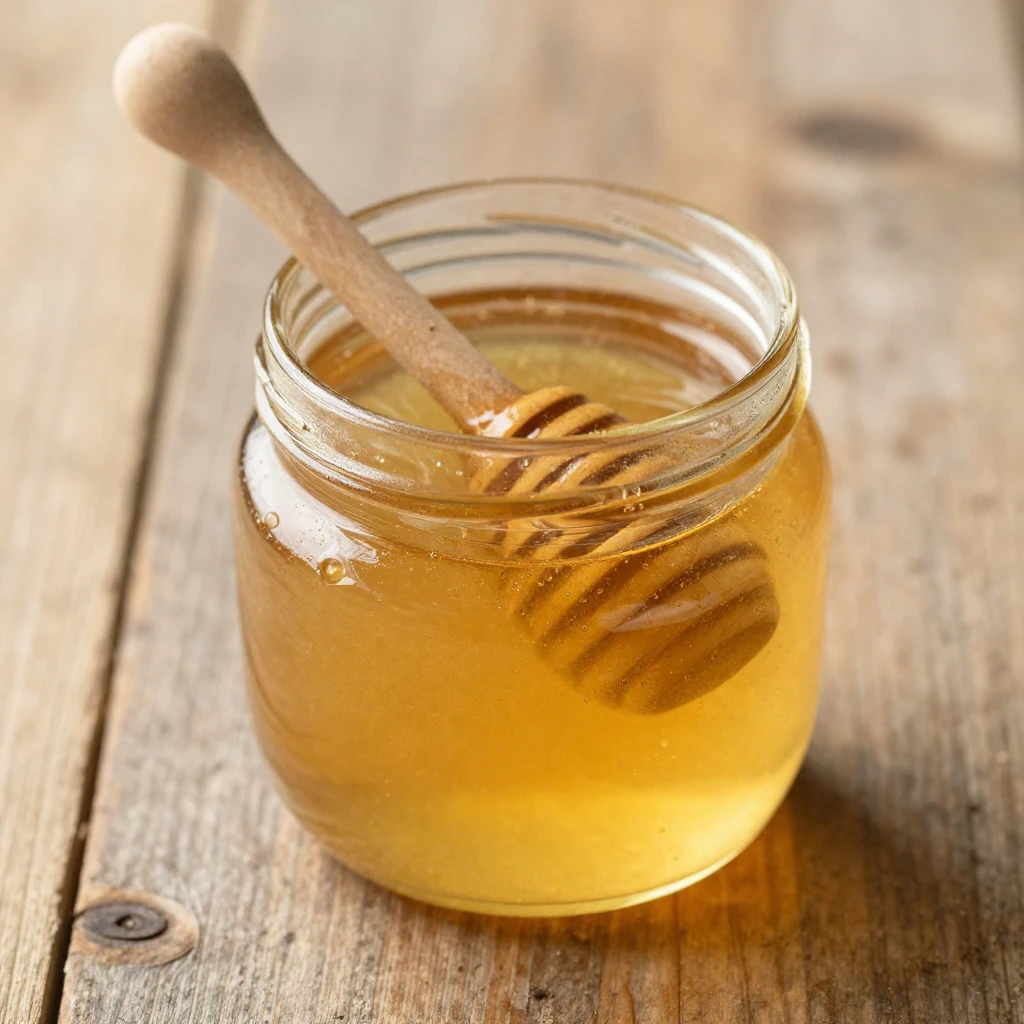 A jar of golden, translucent honey, with a wooden dipper, re...