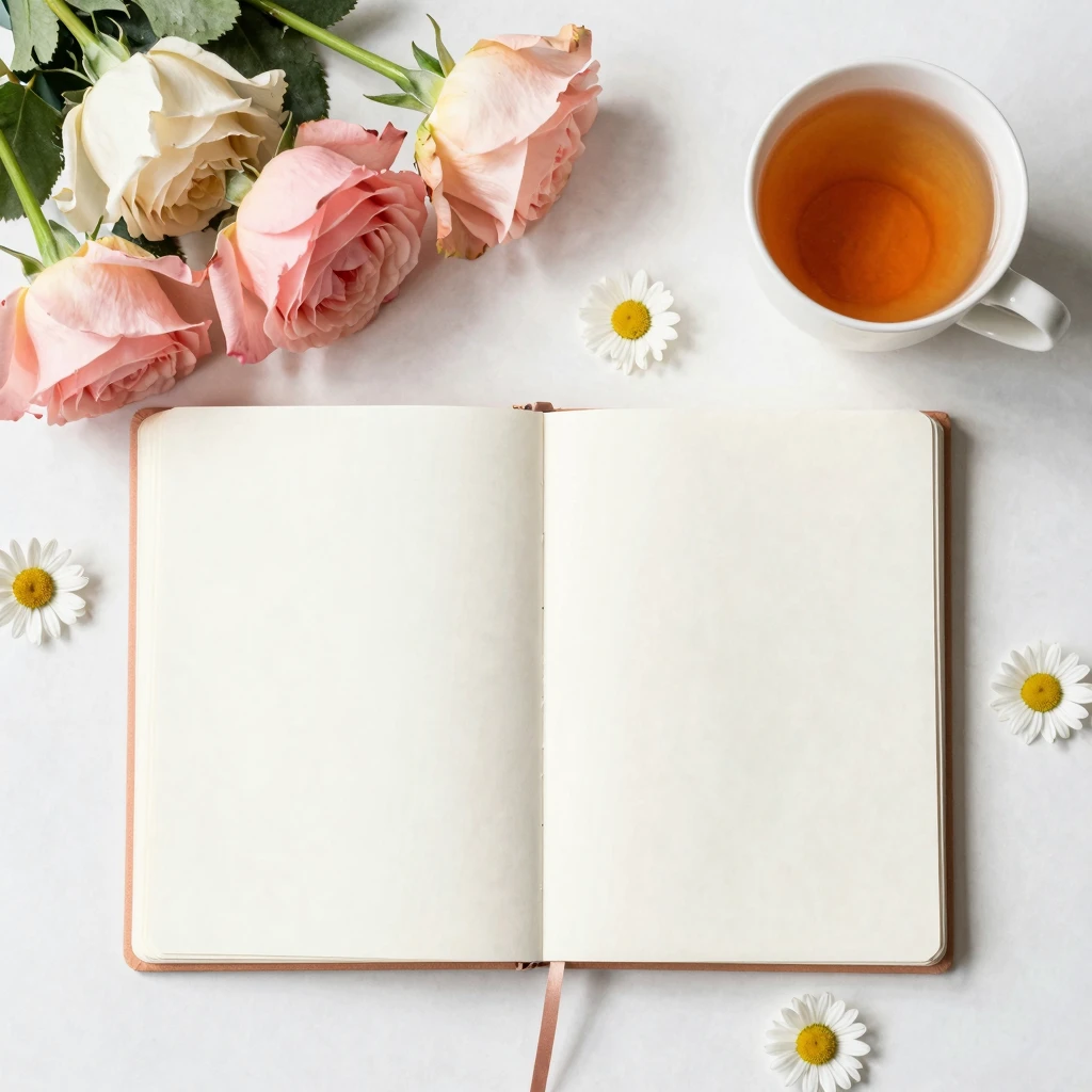 Watercolor style flatlay from above. An open journal with bl...