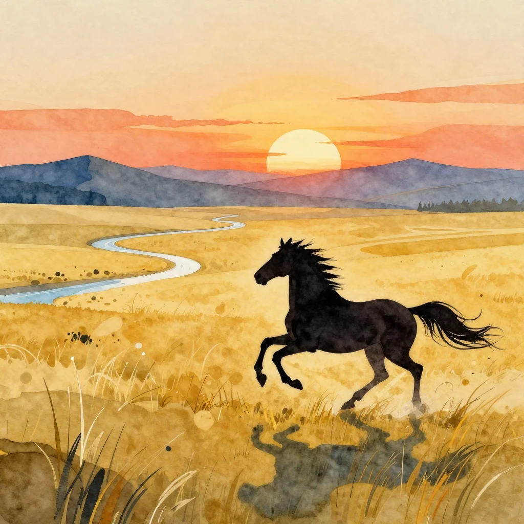 A stylized silhouette of a galloping horse in a vast, golden...