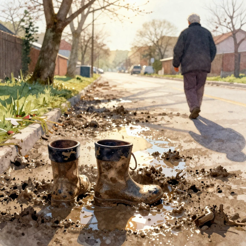 Vibrant watercolor illustration of a muddy, slushy spring st...