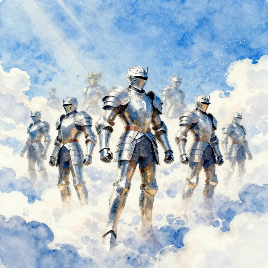 Vibrant watercolor style. Guardians in steel armor, majestic...