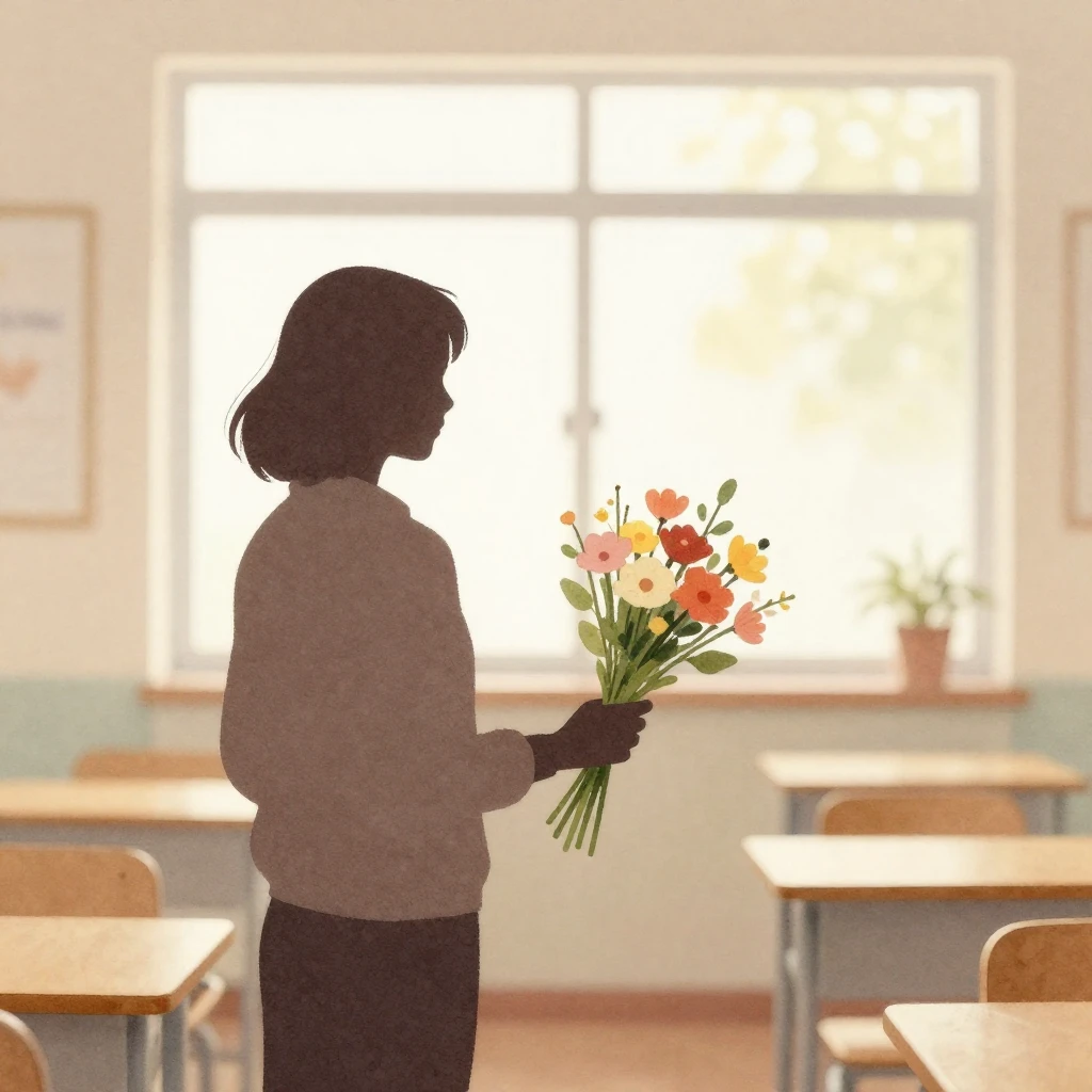 Watercolor style. Silhouette of a teacher with a bouquet of ...