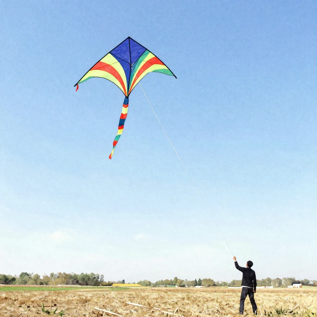 A vibrant scene of a colorful kite soaring high in a clear b...