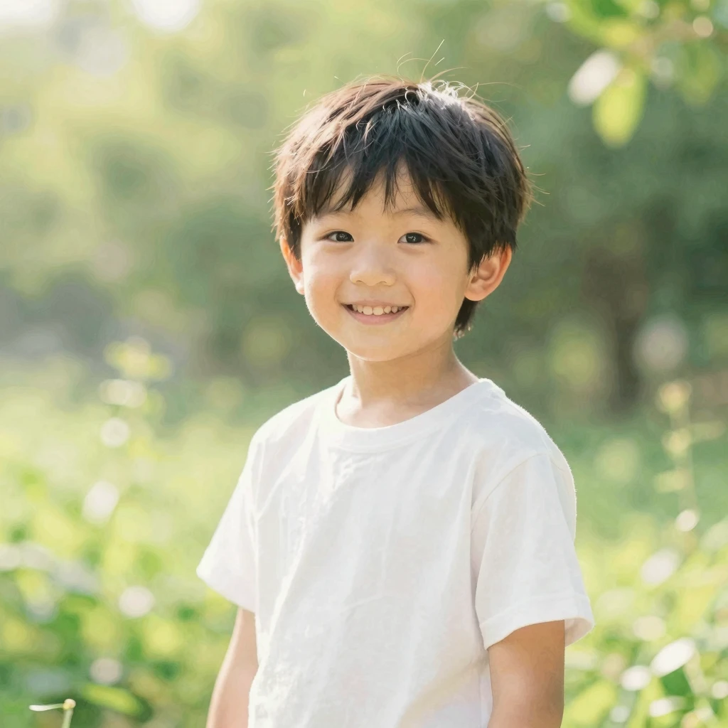 A happy 10-year-old child with a kind smile in a green garde...