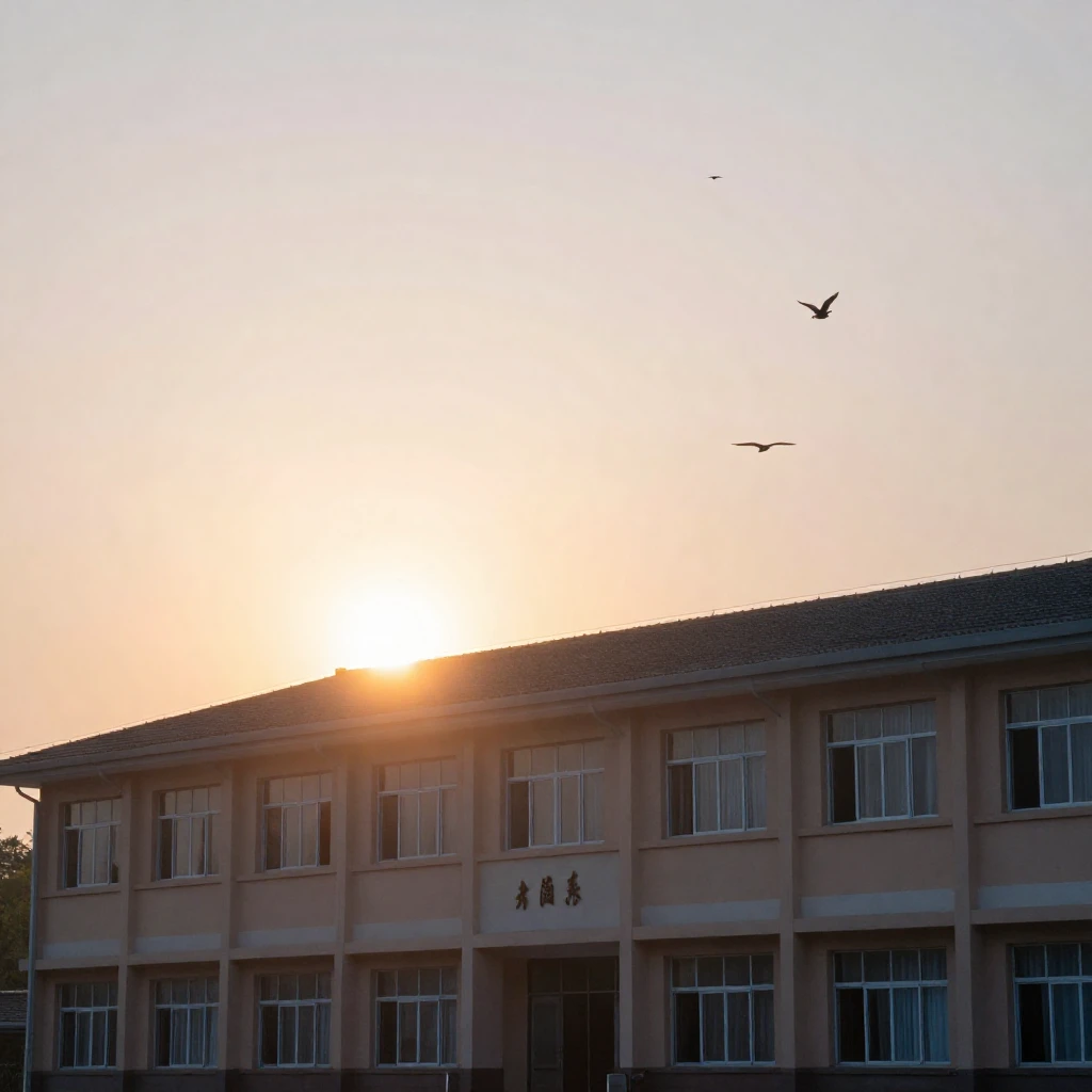 A warm glowing sun rising over a school building, silhouette...