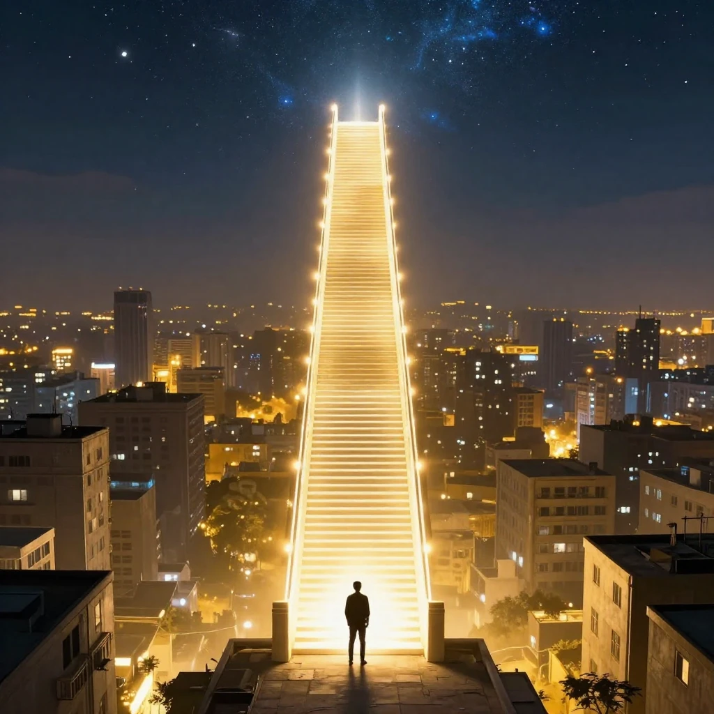 A towering, impossible staircase made of glowing light and p...