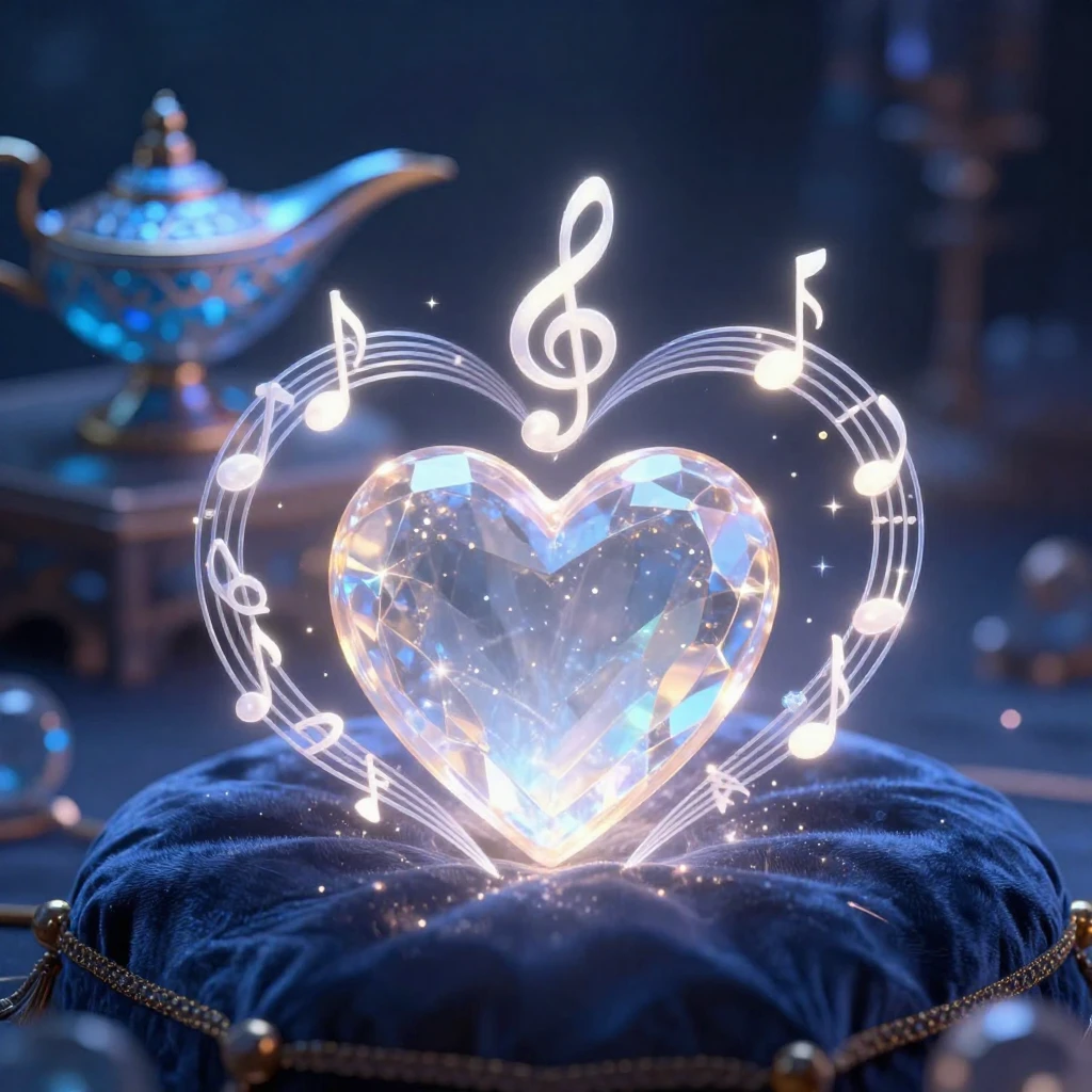 A translucent, delicate crystal heart glows softly, surround...