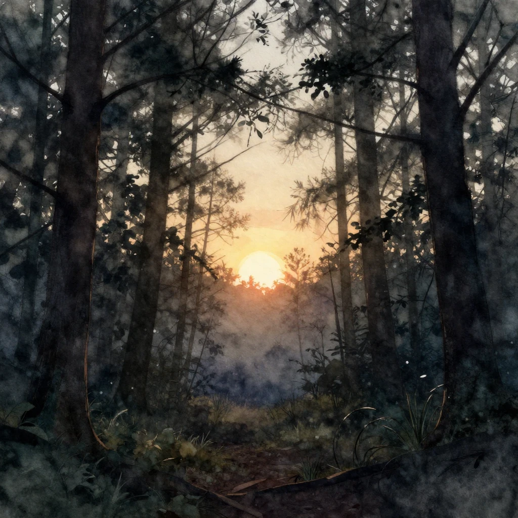 Watercolor style. A dark forest clearing at dawn, silhouette...