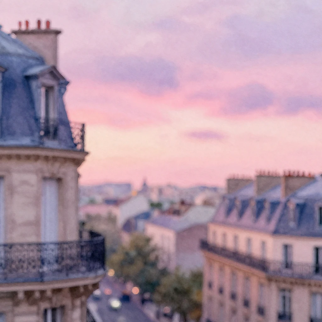 A watercolor painting of a blurred Parisian balcony at sunse...