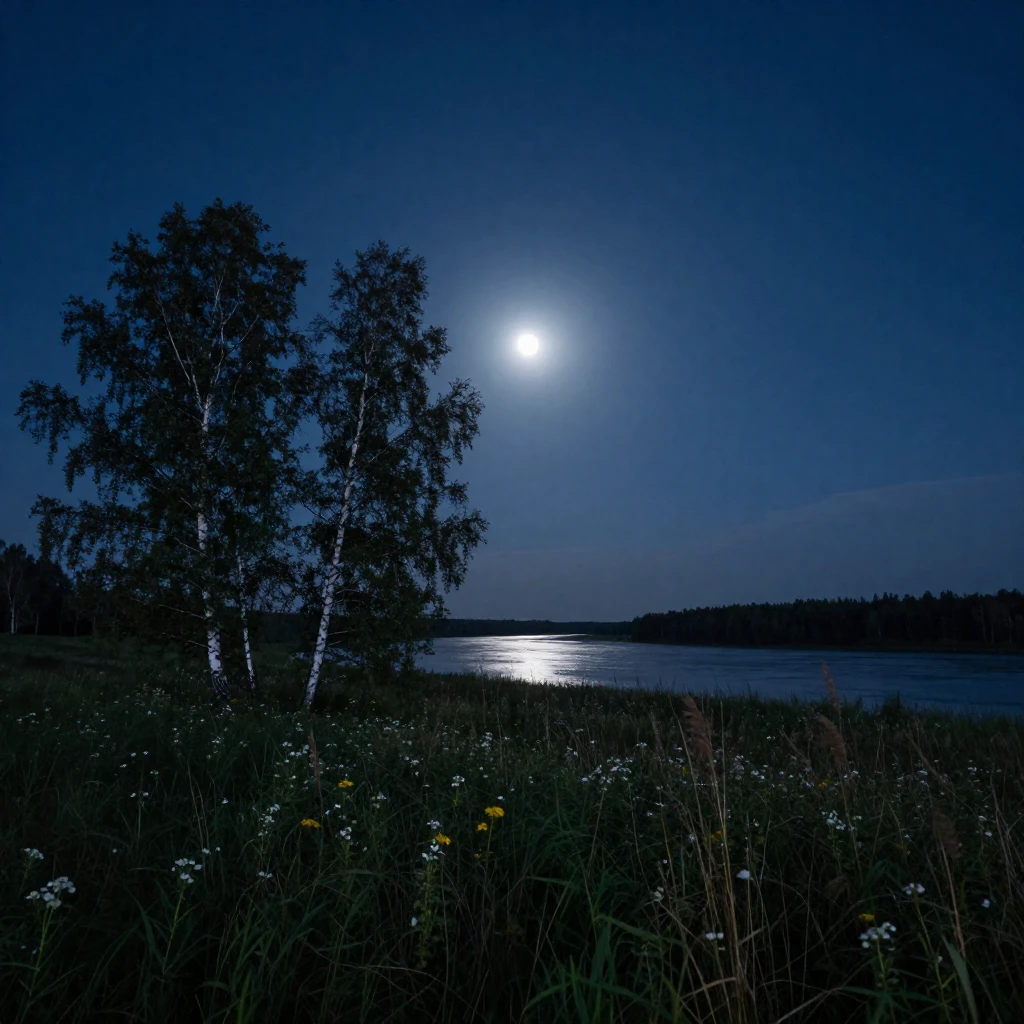 A vast, serene Russian landscape at night, evoking a powerfu...