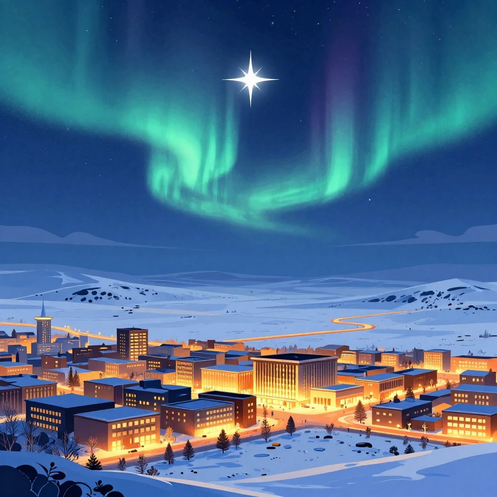 A vibrant, stylized illustration of the Yamal Peninsula. In ...