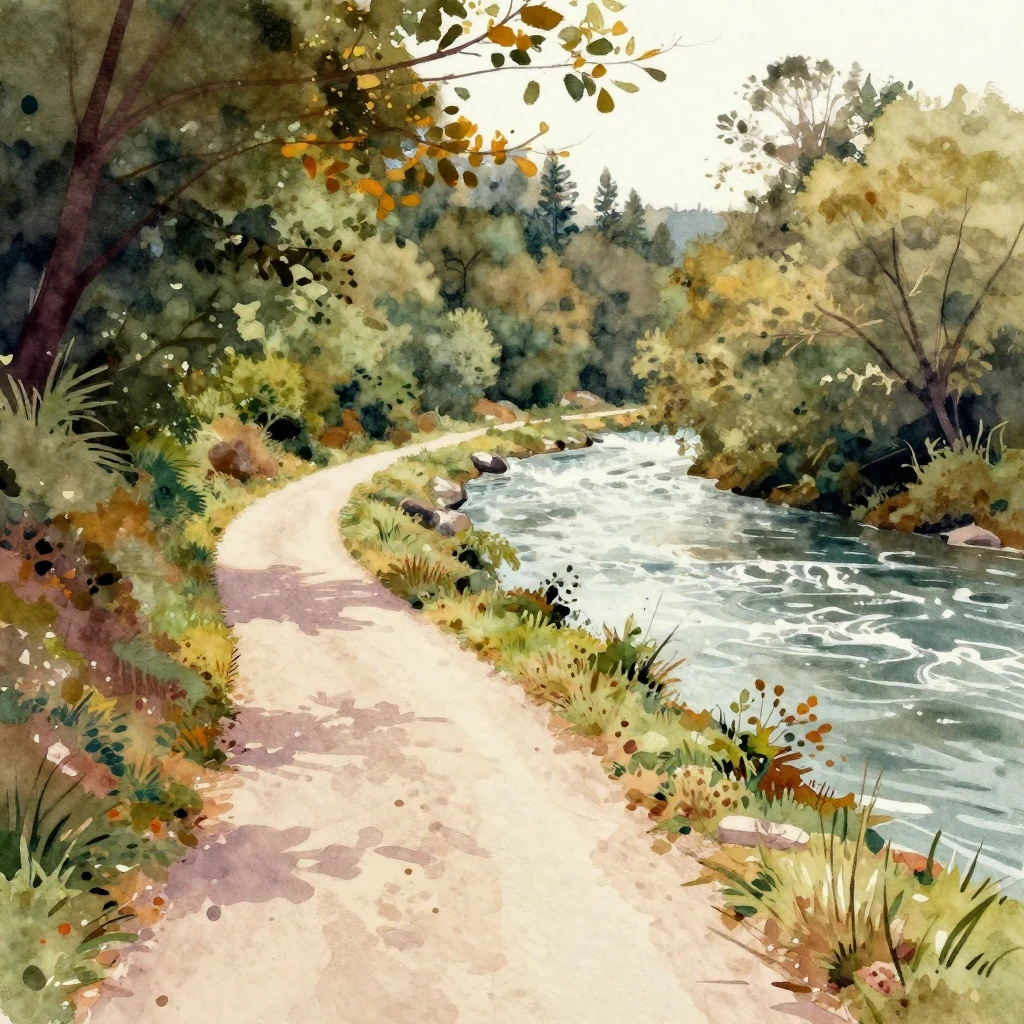 A vibrant watercolor painting focusing on a winding path alo...