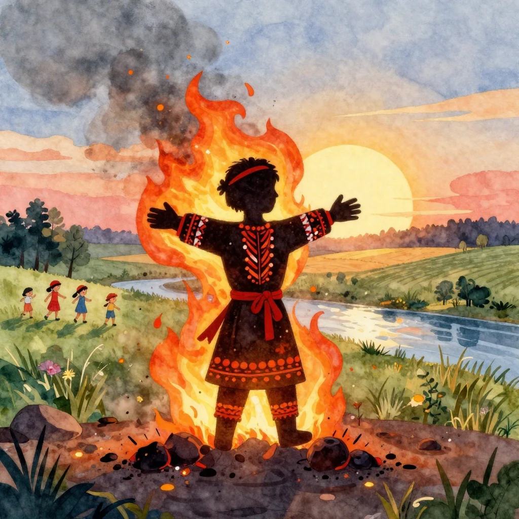 Vibrant watercolor folk art illustration of a burning effigy...