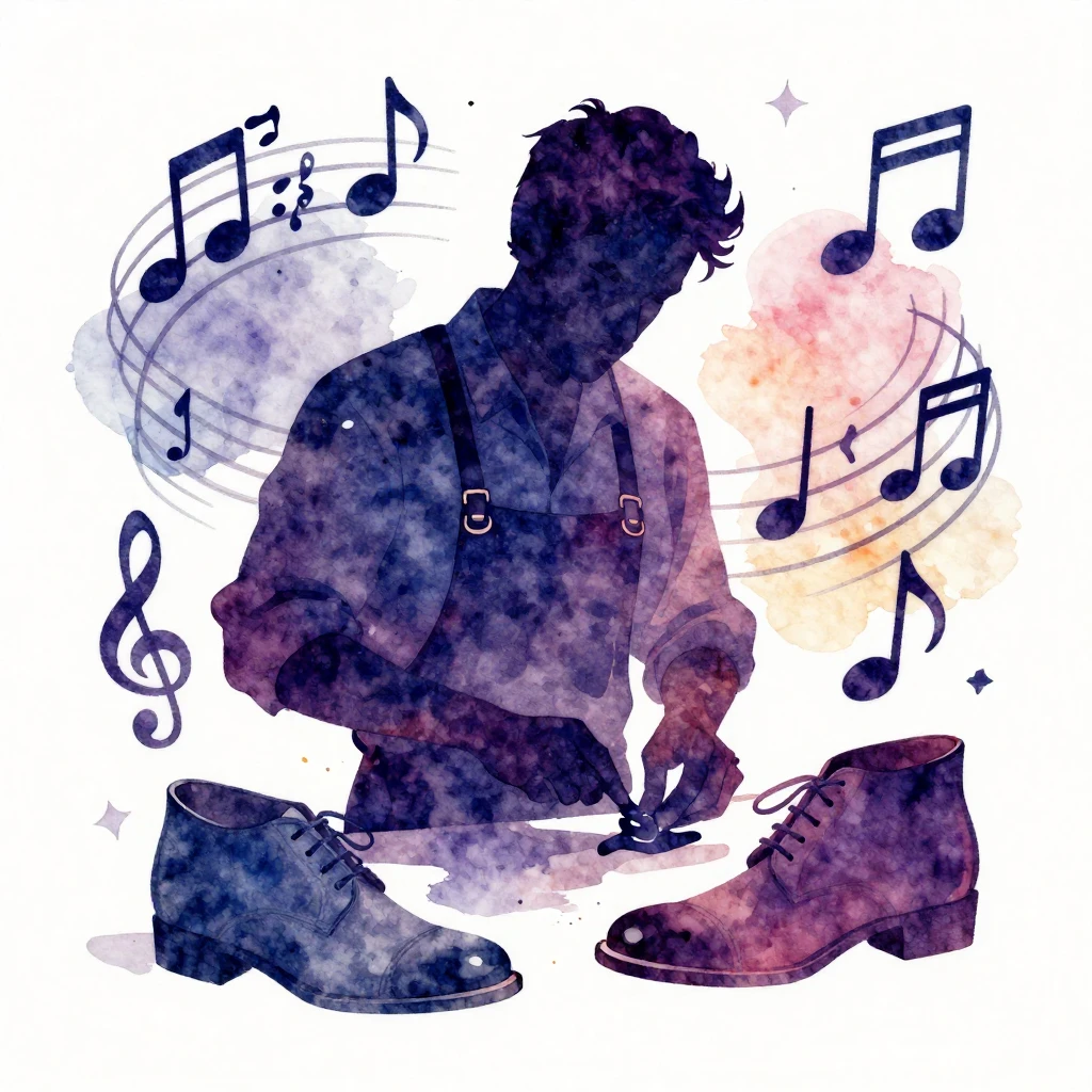 A vibrant watercolor style image of a shoemaker's silhouette...