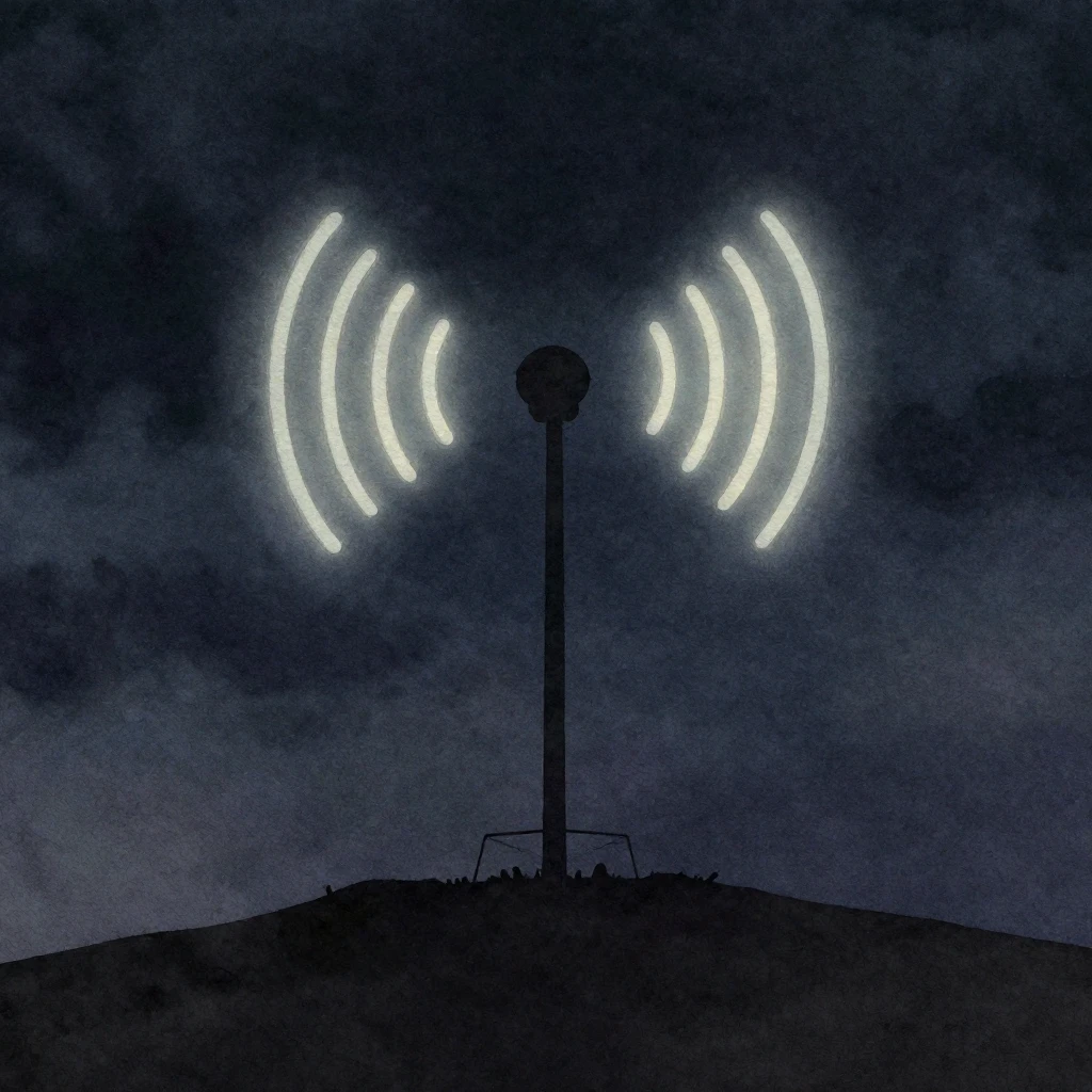 A lonely antenna depicted as a stark silhouette on a hill, i...