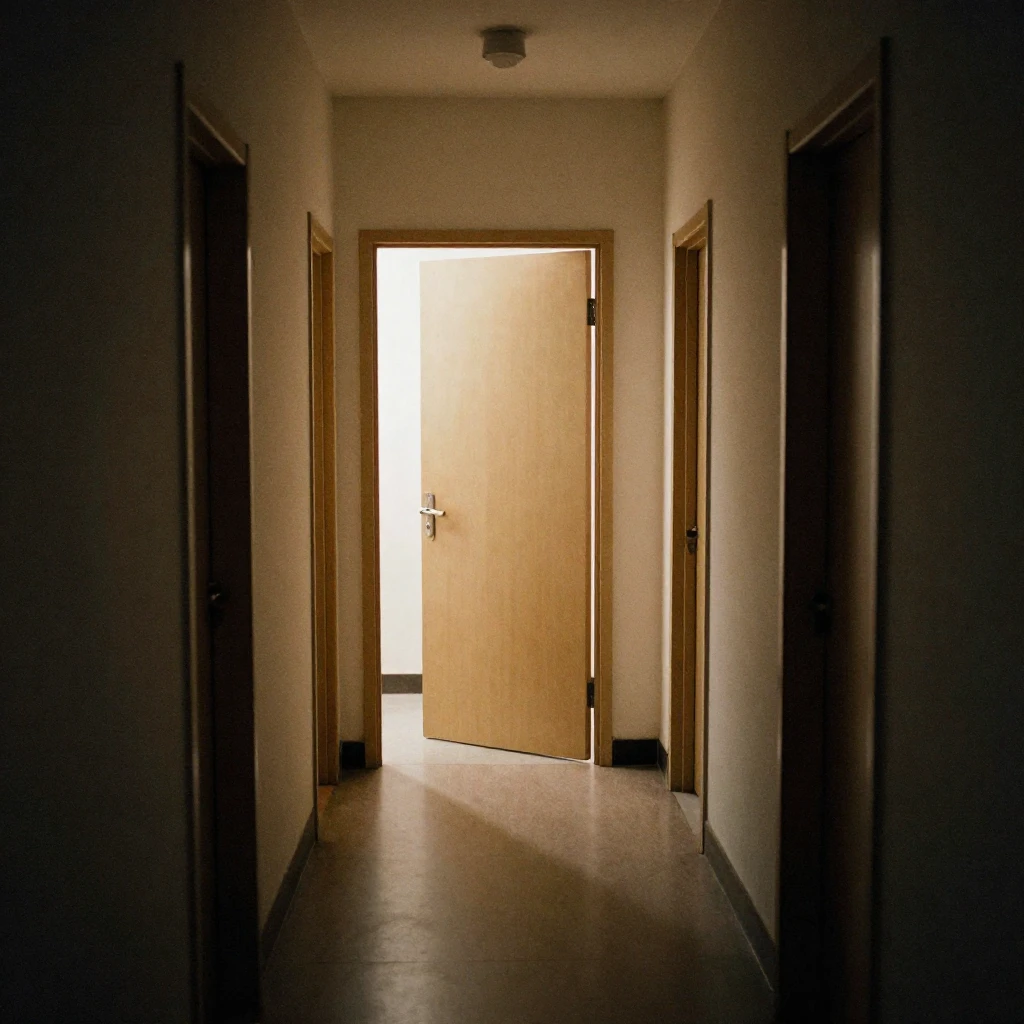 A dimly lit dormitory hallway with several doors, one slight...