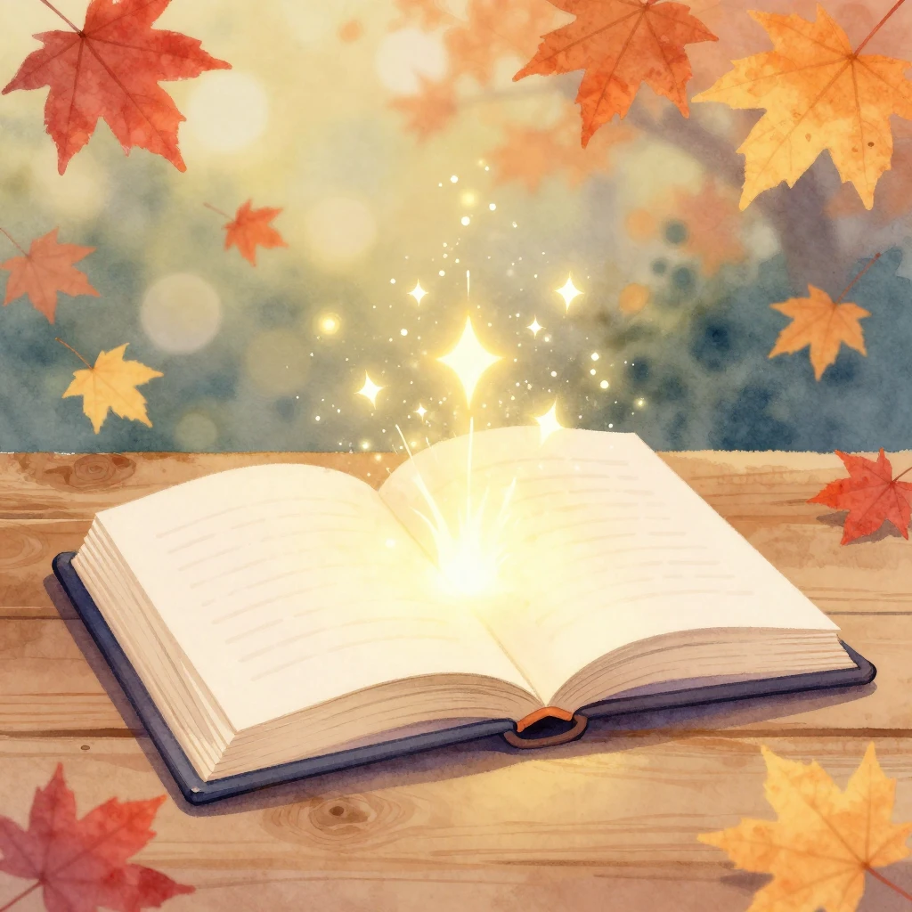 Watercolor style illustration of an open book on a wooden ta...
