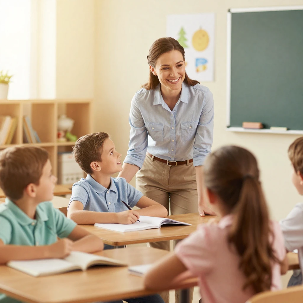 A warm, inviting classroom scene with a smiling teacher and ...